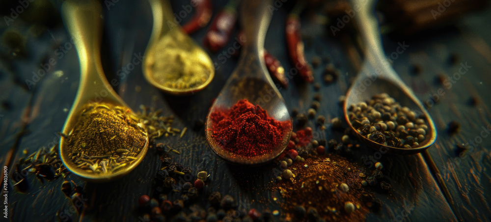 Poster spoons filled with different types of spices, perfect for food and cooking concepts