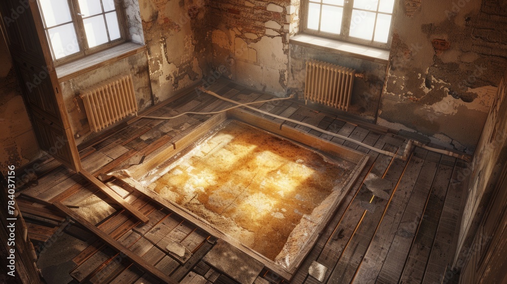 Poster an old room with a hole in the floor. suitable for various interior design concepts