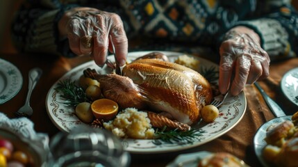 A person cutting a turkey on a plate. Suitable for Thanksgiving or holiday meal concepts