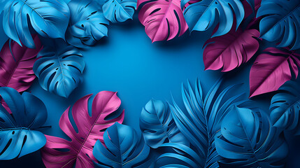 Abstract background with tropical leaves in magenta and azure.