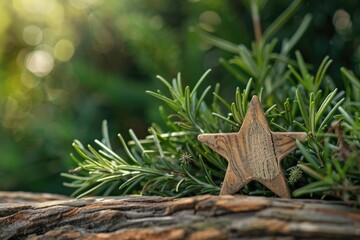 A wooden star sitting on top of a tree branch. Perfect for holiday decorations