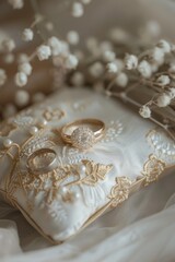 Fototapeta na wymiar Two wedding rings displayed on a white pillow, perfect for wedding themes