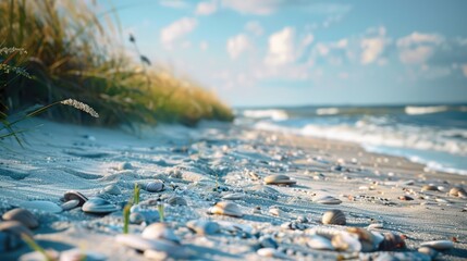 A peaceful sandy beach with shells and grass, ideal for summer vacation concepts - Powered by Adobe