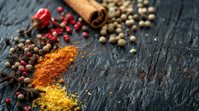 A collection of different spices on a wooden table. Perfect for food blogs or recipe websites
