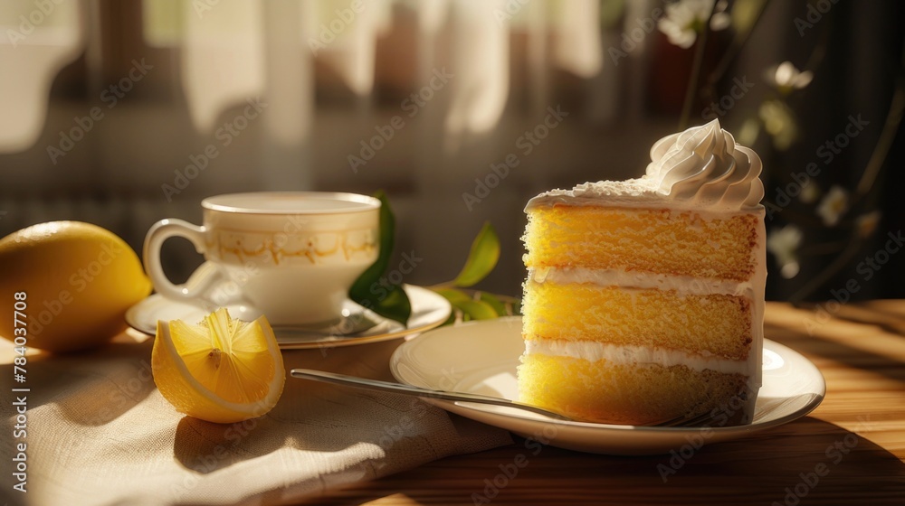 Poster a slice of cake on a plate next to a cup of coffee. ideal for food and beverage concepts