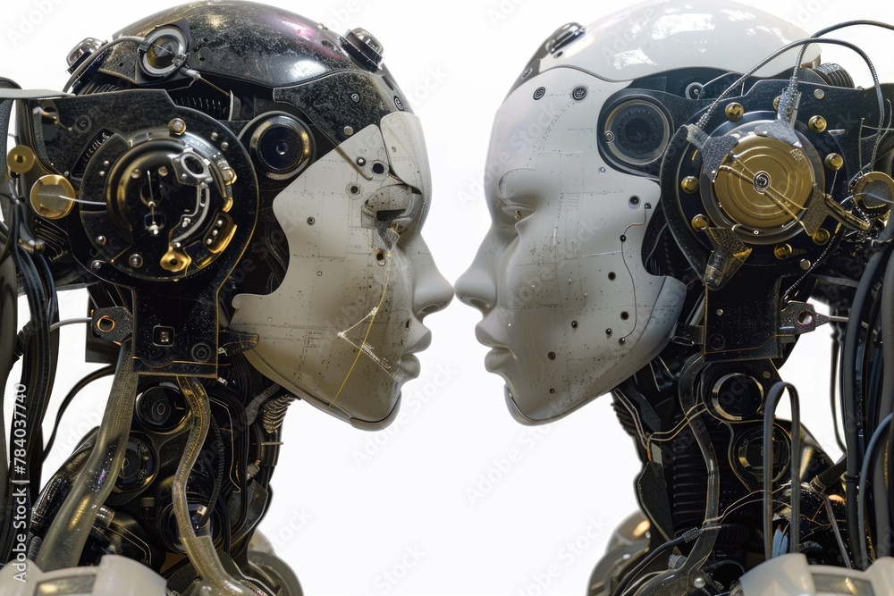 Poster A couple of robots standing together. Suitable for technology and futuristic concepts
