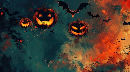 Halloween pumpkins with bats flying in the sky, perfect for spooky themed designs - obrazy, fototapety, plakaty