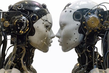 Fototapeta premium A couple of robots standing together. Suitable for technology and futuristic concepts