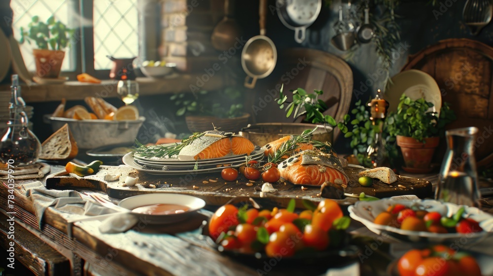 Aufkleber assorted food items displayed on a table, suitable for food-related concepts