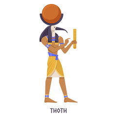 Illustration of Thoth, the Egyptian deity with an ibis head, holding a scroll, on a plain background, in a flat design style. Vector illustration