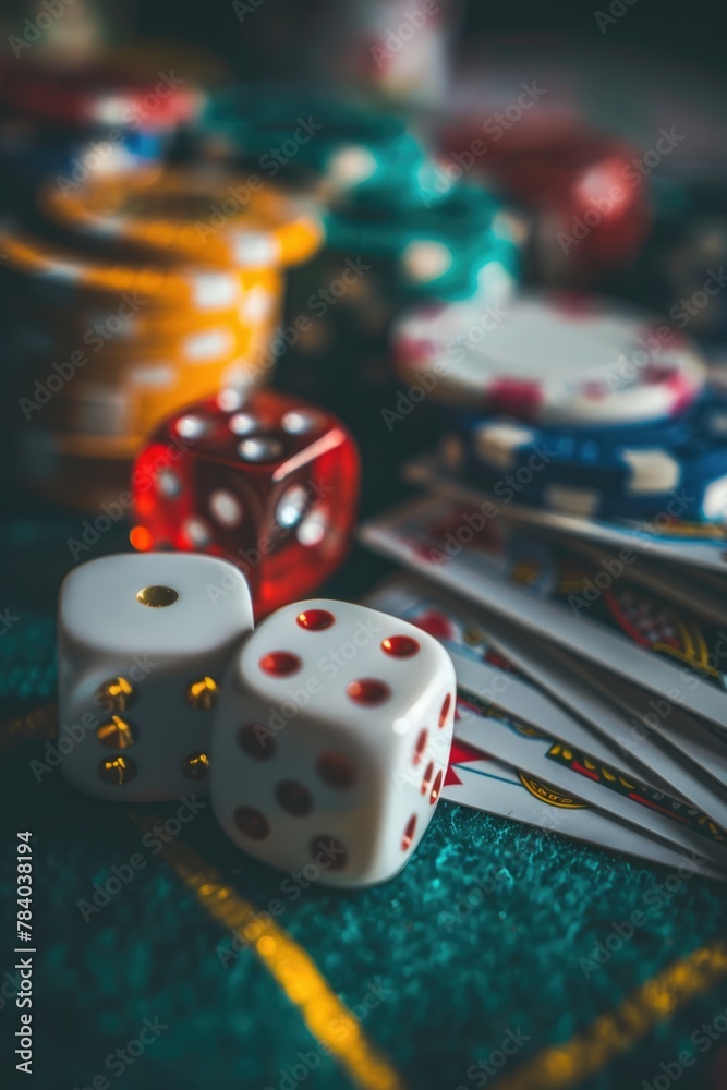 Aufkleber a table covered in dice and playing cards. ideal for gambling or game night concepts