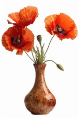 Obraz premium A vase with three vibrant orange flowers, perfect for home decor projects