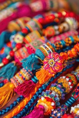 A close up shot of a bunch of colorful bracelets, perfect for fashion and accessories themes