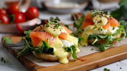 Eggs Benedict on english muffin with smoked salmon, lettuce salad mix and hollandaise sauce on white board 