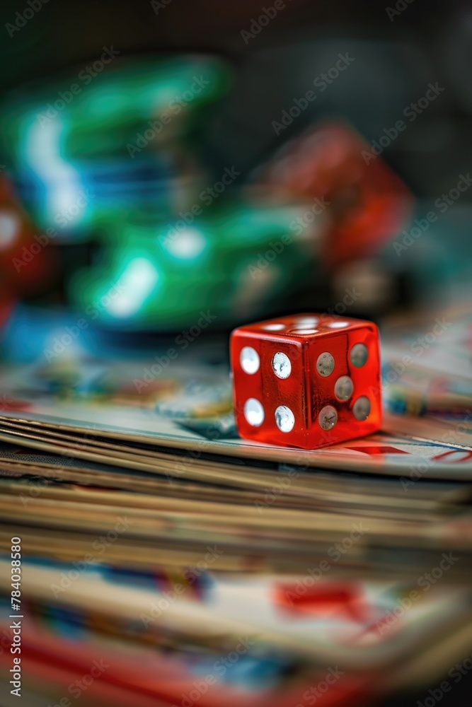 Poster a red dice sitting on top of a pile of cards. great for game night concepts