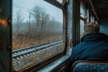 A man sitting on a train looking out the window. Suitable for transportation concepts