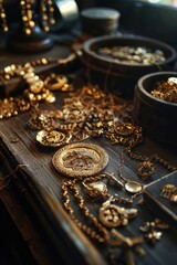 A variety of gold jewelry displayed on a table. Ideal for fashion or luxury concepts