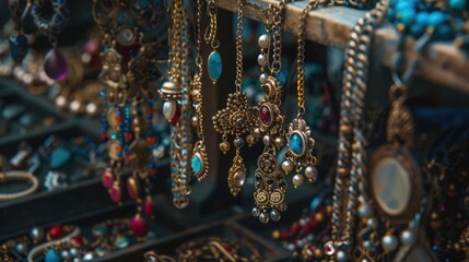 A collection of necklaces displayed on a rack, ideal for jewelry store promotions