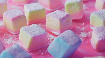 Fototapeta na wymiar Close up of marshmallows on a pink surface. Great for food and dessert concepts