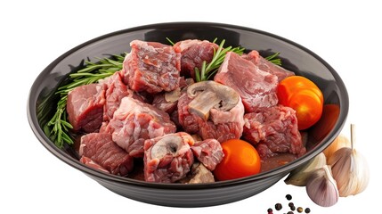 A black bowl filled with meat and vegetables. Suitable for food-related designs