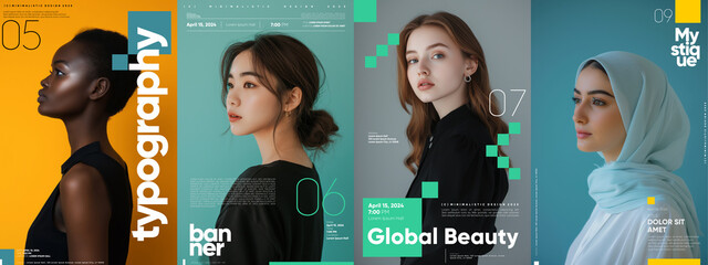 An engaging series of posters featuring diverse women's portraits, highlighted by bold typography and a global beauty theme.