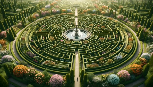 Perfekt gestalteter Labyrinthgarten mit zentralem Springbrunnen