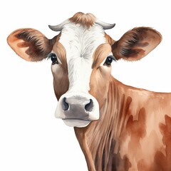 A hyper-realistic watercolor painting of zoomed-in watercolor cow, gazing curiously, representing dairy farm life, isolated on a white background.