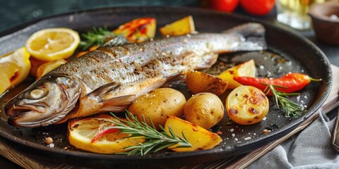 A fish cooking on a pan with potatoes and lemon slices. Perfect for food blogs or cooking recipes