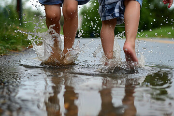 A cute sister and brother's feet splashing in a puddle, enjoying a carefree moment of play. - obrazy, fototapety, plakaty
