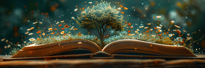 Open book with flowers and tree on dark background, story coming alive: nature coming out of an old yellowish book, banner for library week, world book day, reading month.