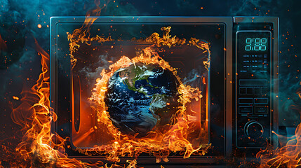 a surreal scene where the Earth is confined within a microwave oven, surrounded by intense flames.