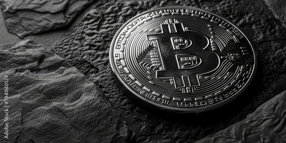 Poster A grayscale image of a bitcoin. Suitable for finance and cryptocurrency concepts