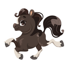 Cartoon illustration of a cheerful brown pony prancing on a plain white background. Vector illustration