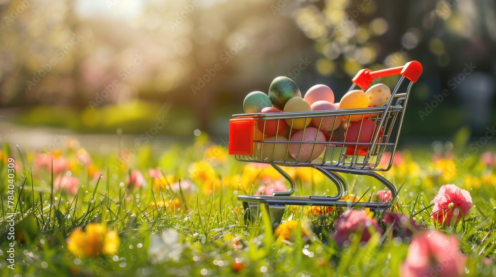 Poster Shopping cart filled with eggs in a beautiful flower field. Suitable for Easter or spring concepts