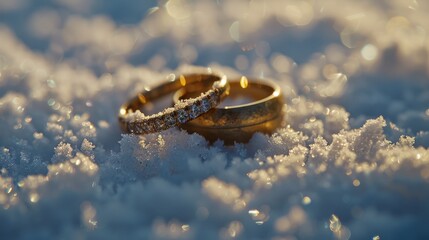 Two wedding rings on snowy ground. Perfect for winter wedding concepts