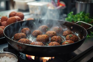 Meatballs cooking in a frying pan, perfect for food blogs or recipe websites