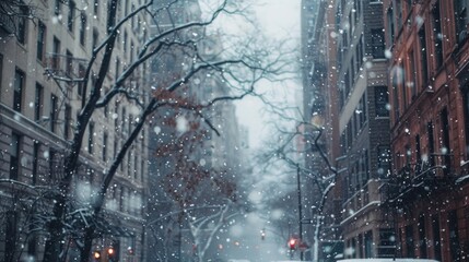 Snow-covered city street with cars and buildings, suitable for winter urban scenes