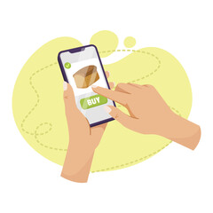 Hands holding a smartphone with a Buy button, vector illustration on a light green background, concept of online shopping. Vector illustration