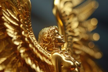 A majestic golden statue of an angel with beautiful wings. Perfect for religious or spiritual concepts