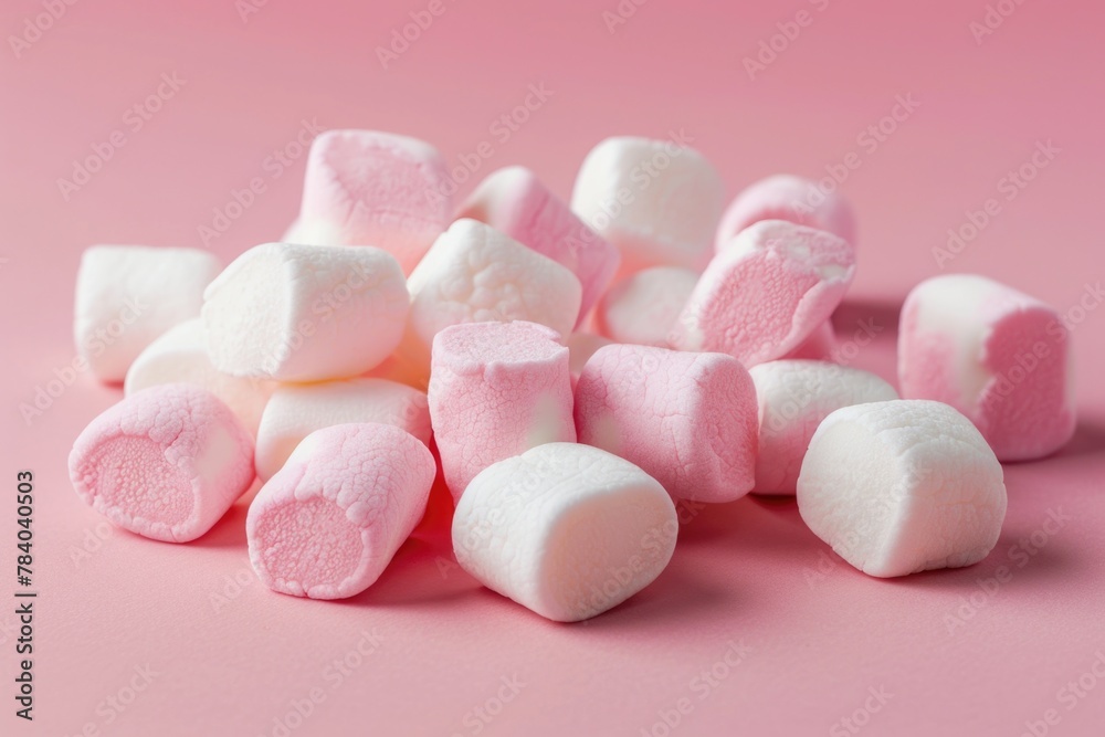 Poster A pile of marshmallows on a pink surface. Suitable for food and dessert concepts