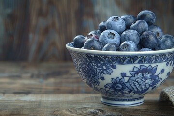 Fresh blueberries in a blue and white bowl, perfect for healthy eating concepts