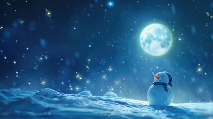 A snowman sitting in the snow under a full moon