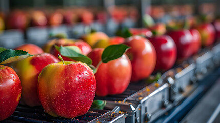 Apples in a food processing facility, clean and fresh, ready for automated packing. Concept for a healthy food company with automated manufacturing of food and fruits. - obrazy, fototapety, plakaty