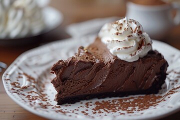 Fototapeta na wymiar Delicious chocolate pie topped with fluffy whipped cream. Perfect for food blogs and dessert recipes