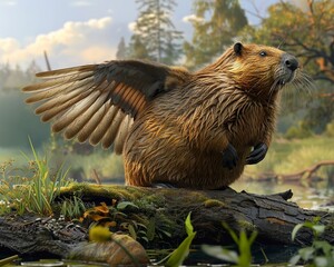 A bulky beaver with sturdy sparrow wings constructing a dam - obrazy, fototapety, plakaty