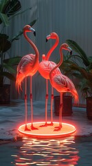 A cluster of flamingos, standing on one leg with a balanceenhancing light system