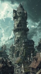 A conical tower with a disfigured, twisting body, rising from a medieval town square - obrazy, fototapety, plakaty