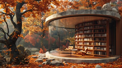 A curved octagonal library enveloped in autumn foliage, offering a tranquil reading nook - obrazy, fototapety, plakaty