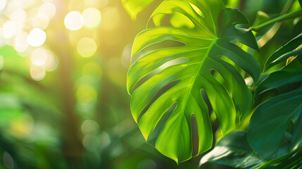 Tropical Elegance: Monstera deliciosa Leaf on Soft Bokeh Background.