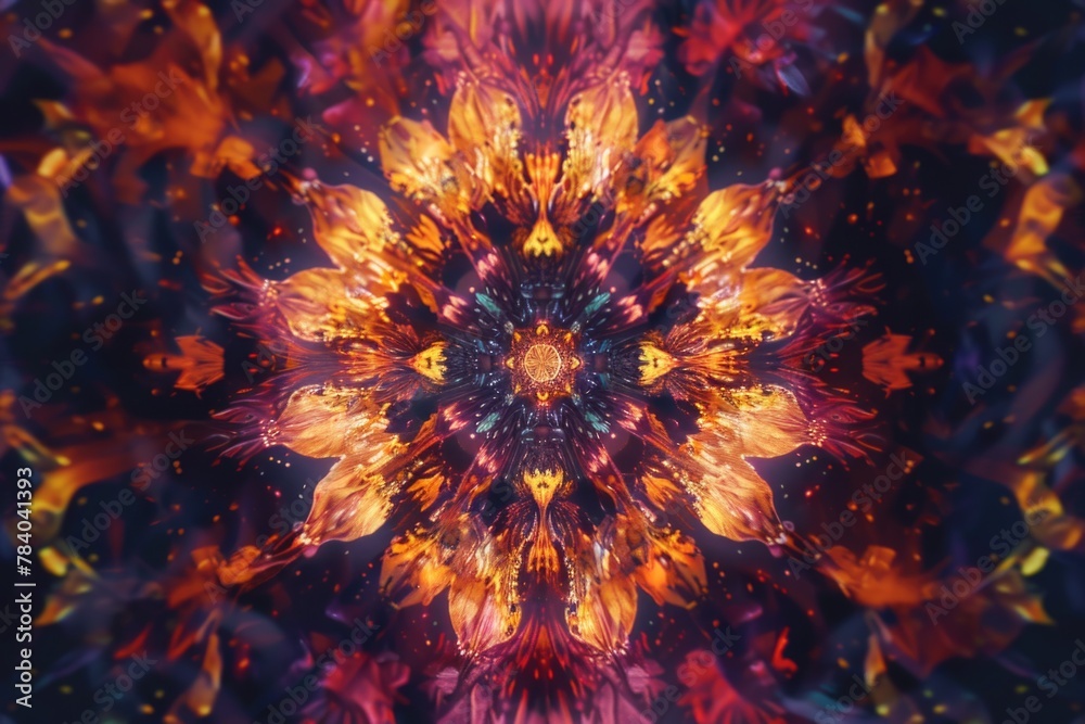 Poster Close up of a vibrant fire flower on a dark black background. Perfect for adding a pop of color to any project